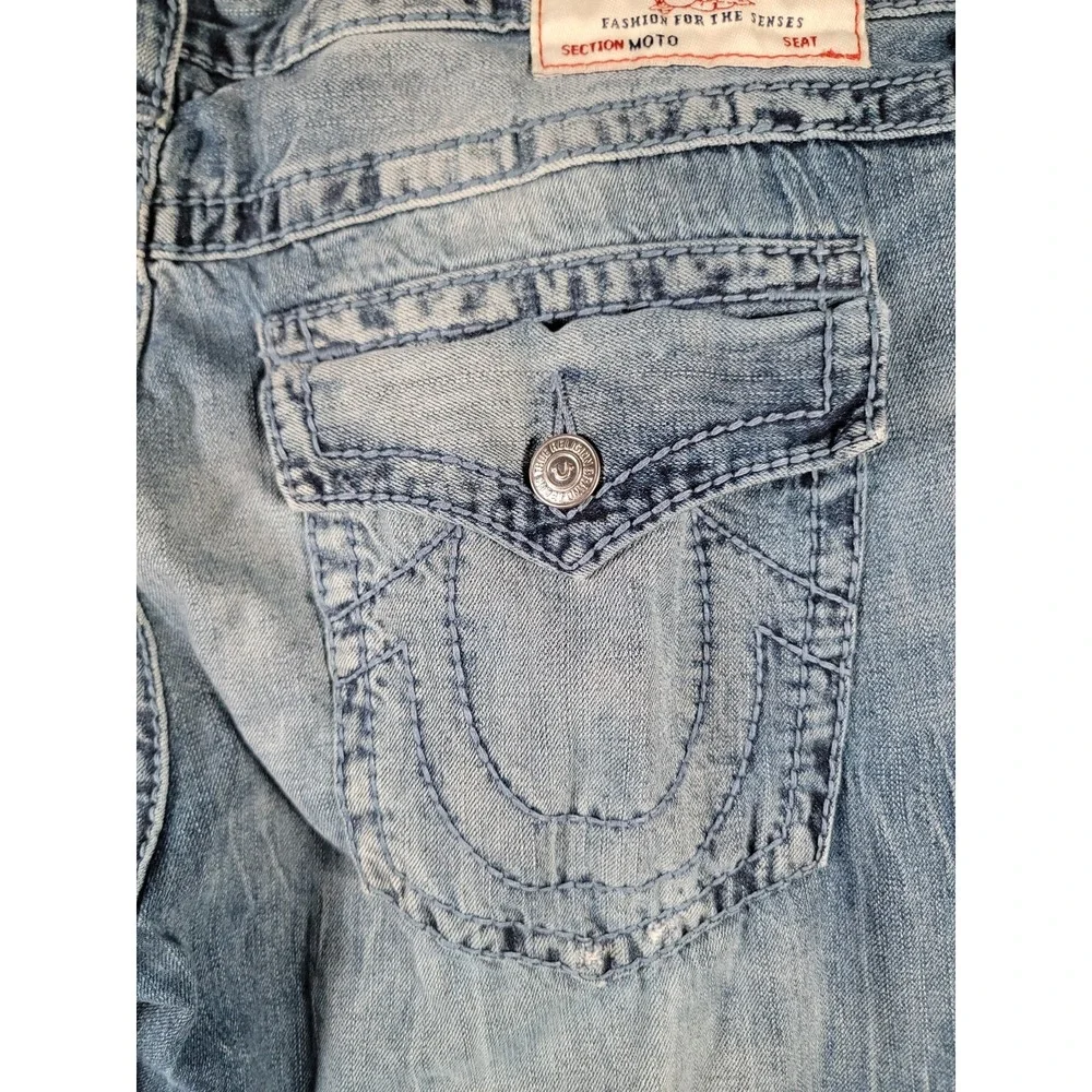 True Religion Moto Slim Big T Jeans Mens 38x32 Blue Biker Distressed Y2K Stretch